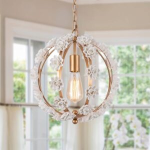 Gold Pendant Light Fixture for Girl Room, Adjustable Chain Decorative Elegant Hanging Lamp, White Flower Chandelier for Bedroom, Living Room