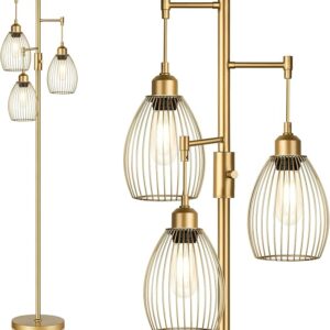 Dimmable Industrial Floor Lamps for Living Room, Gold Tree Standing Tall Lamps with 3 Elegant Teardrop Cage Head