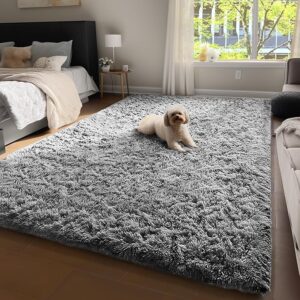 Ophanie Upgrade 4×6 Rugs for Bedroom, Grey, Fluffy Shaggy Soft Area Rug, Gray Non-Slip Indoor Floor Carpet for Living Room